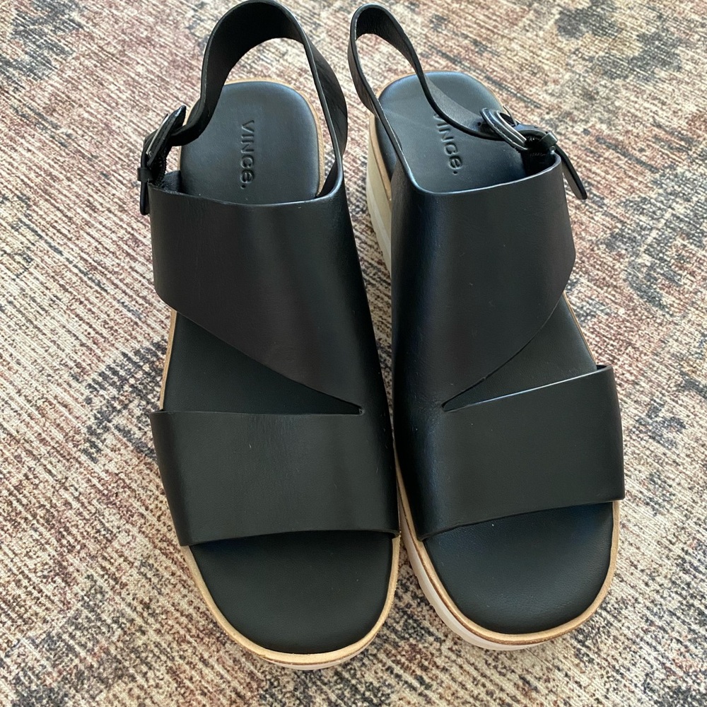 Vince Black Leather Shelby Wedge Sandal 8.5 new